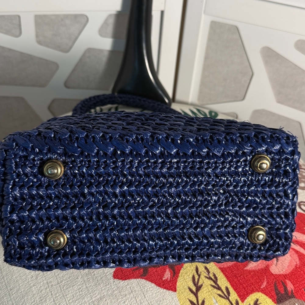 Vintage Navy Raffia Top-Handle Women's Bag - Picture 4 of 6